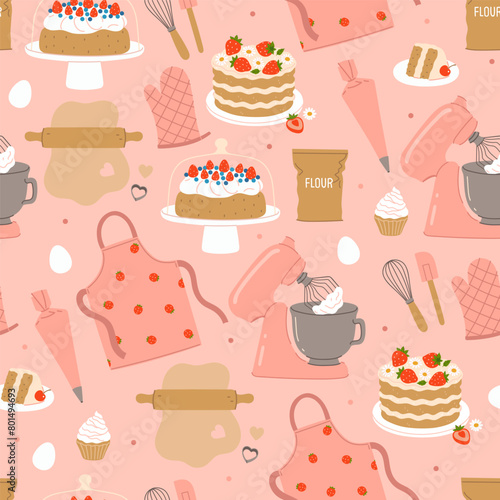 Seamless pattern of confectionery preparation items. Vector graphics.