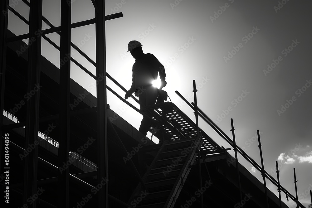 A monochrome image capturing the silhouette of a worker ascending a ladder at a construction framework against a bright sky background A monochrome image capturing the silhouette of a worker ascending a ladder at a construction framework against a bright sky background