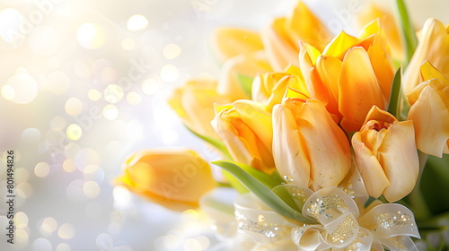 Bouquet of yellow tulips on a light blurred background. Postcard for Valentine's Day, Women's Day, Mother's Day. Banner with copy space for your design #801494826