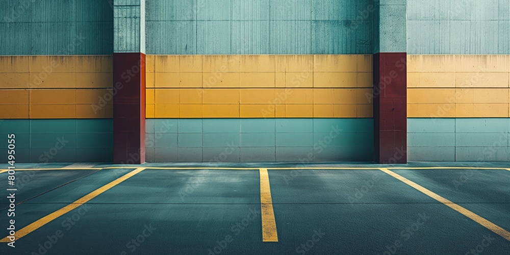A symmetric parking lot wall with a combination of vibrant colors and geometric lines adds a modern artistic touch