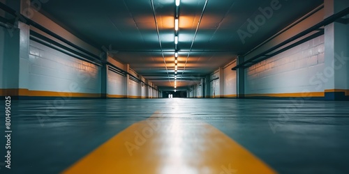 Perspective view of an empty parking garage with yellow guiding lines and a series of lights leading into the distance © StockUp