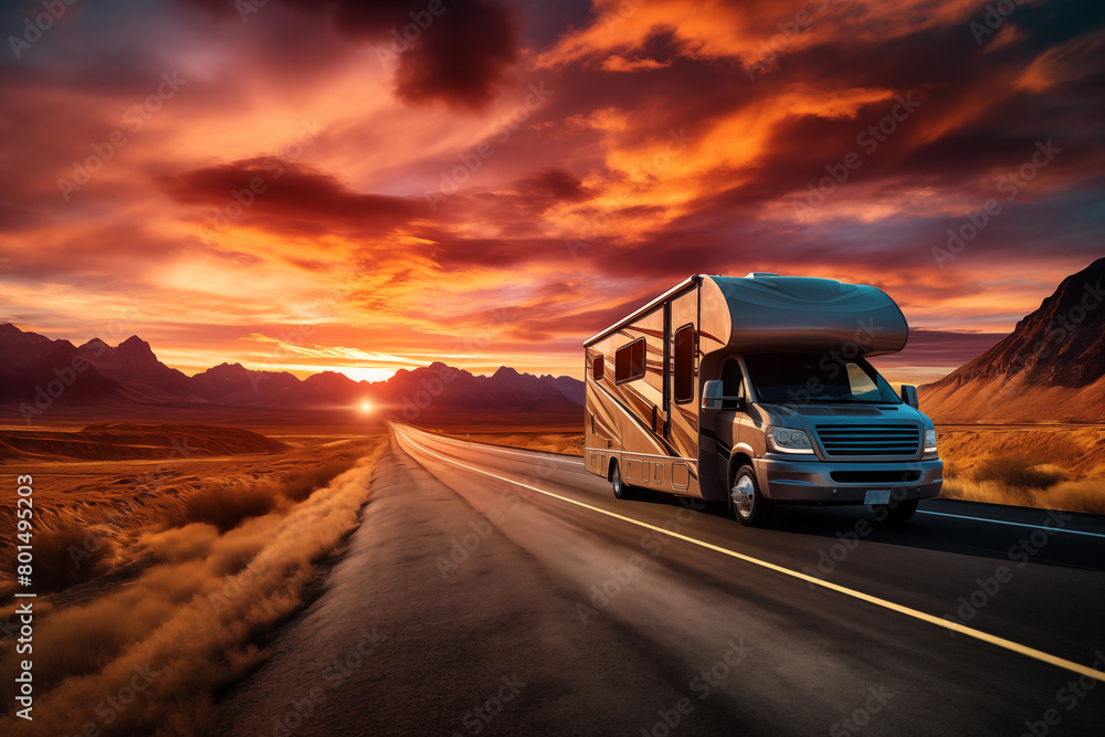RV camper on highway at sunset