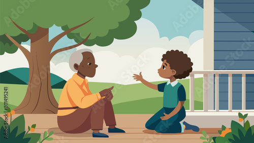 On a front porch an elder sits with a young child pointing to a family tree and sharing tales of their ancestors and the struggles they faced during. Vector illustration