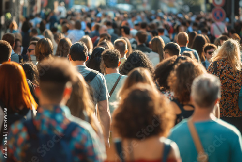 An overhead vibrant image capturing a multitude of people walking down a busy street, showcasing the hustle and bustle of city life