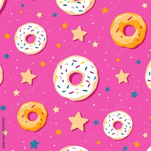 Magenta background simple minimalistic seamless pattern, multicolored playful hand drawn cute lines and stars on sugar sprinkles on a donut, confetti
