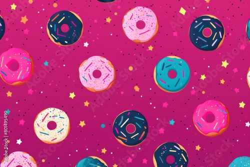 Magenta background simple minimalistic seamless pattern, multicolored playful hand drawn cute lines and stars on sugar sprinkles on a donut, confetti