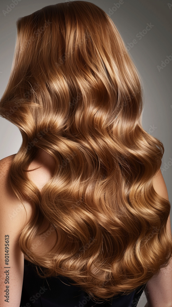 A professional photo of a Wella model showcasing her beautiful, flowing light brown hair from a back view, perfect for a hair dye package. The image captures the well-nourished, moisturized, and lush A professional photo of a Wella model showcasing her beautiful, flowing light brown hair from a back view, perfect for a hair dye package. The image captures the well-nourished, moisturized, and lush
