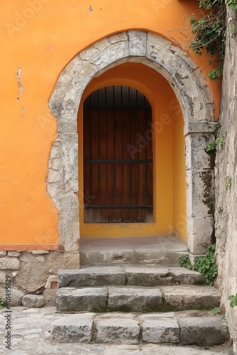 A classic-styled arched doorway set in a vibrant orange wall  inviting a sense of curiosity and history