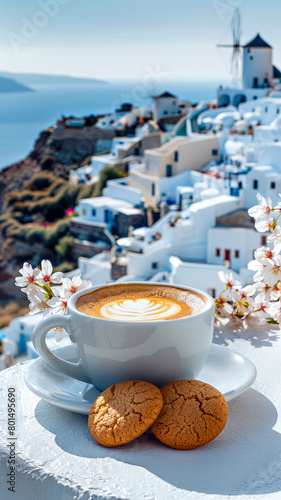 white coffee cup with coffee on santorini island, greece