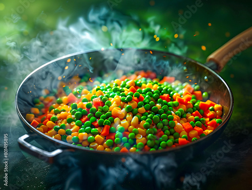 Frying pan with frozen vegetables on a dark background. Selective focus.