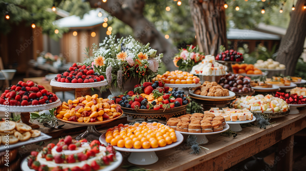 A rustic outdoor wedding table set with an array of fresh fruit and desserts, creating the perfect setting for guests to enjoy delectable treats at their social gathering in California