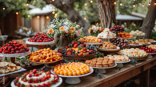 A rustic outdoor wedding table set with an array of fresh fruit and desserts, creating the perfect setting for guests to enjoy delectable treats at their social gathering in California © IULIIA
