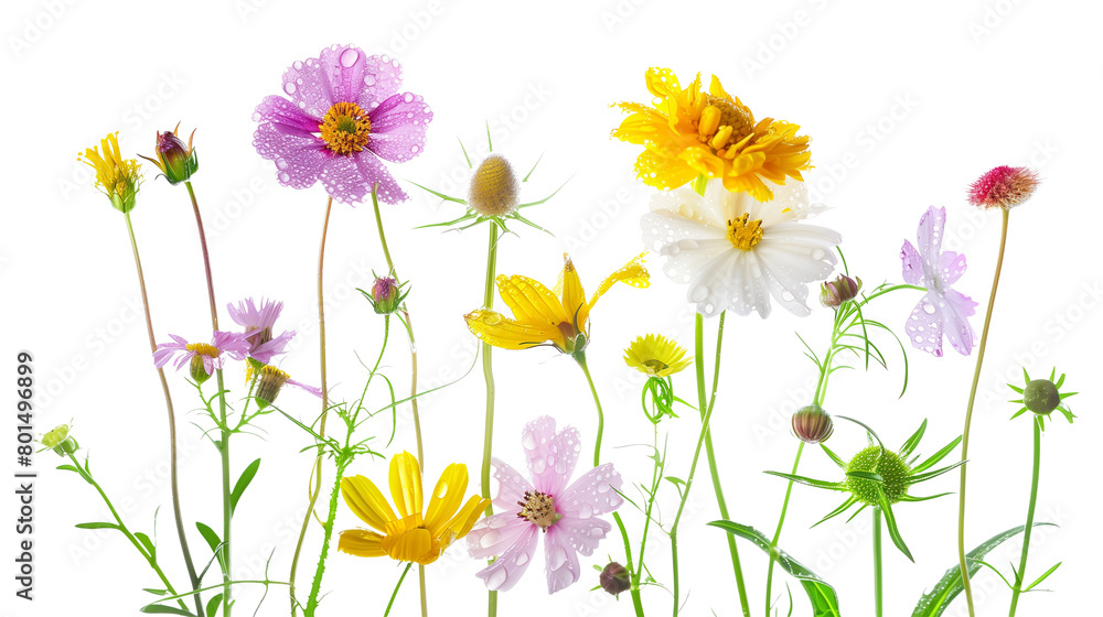 Close-up of wildflowers with morning dew, isolated on transparent background