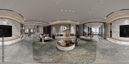 3d render of luxury home interior, 360 degrees view photo