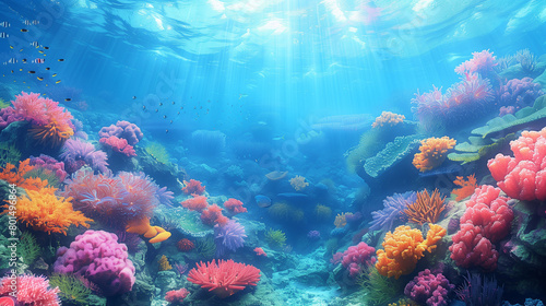 A vibrant coral reef teeming with colorful marine life  showcasing the beauty of underwater landscapes. The sunlight filters through clear blue water  illuminating an array of tropical fish and sea pl
