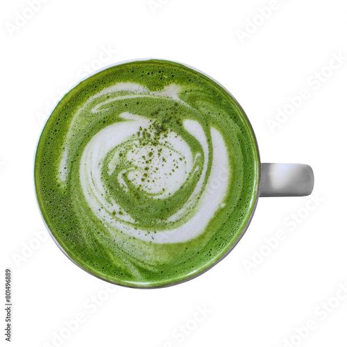 one cup of hot matcha latte isolated on white.