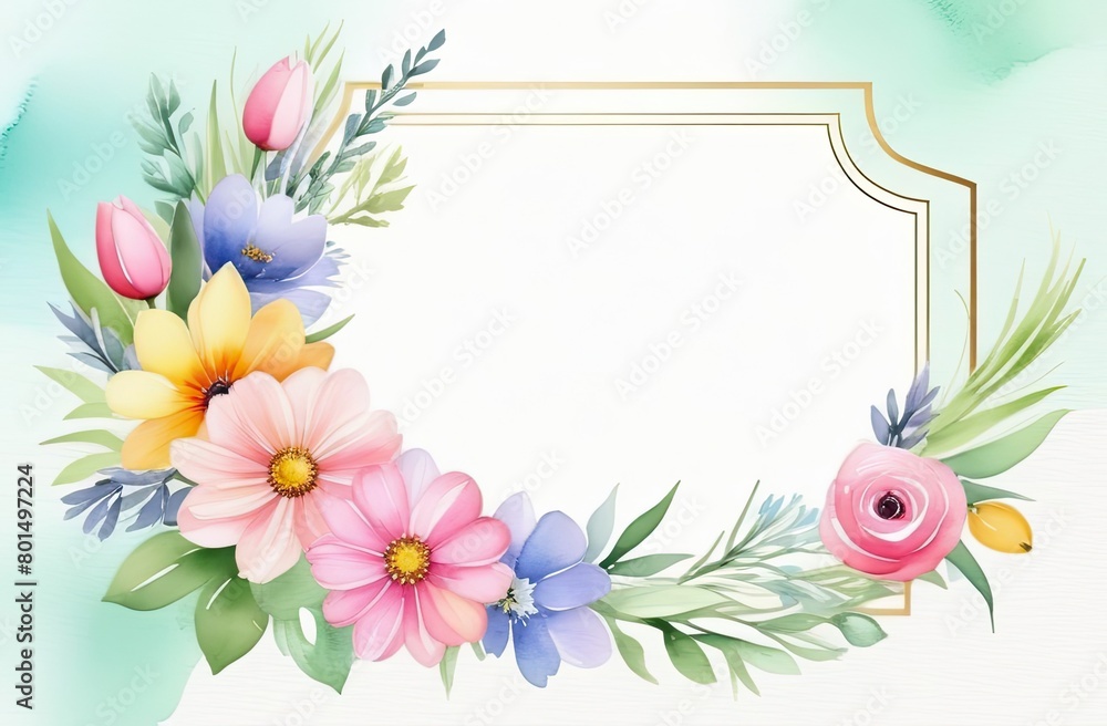 simple watercolor illustration of frame with flowers, copy space simple watercolor illustration of frame with flowers, copy space