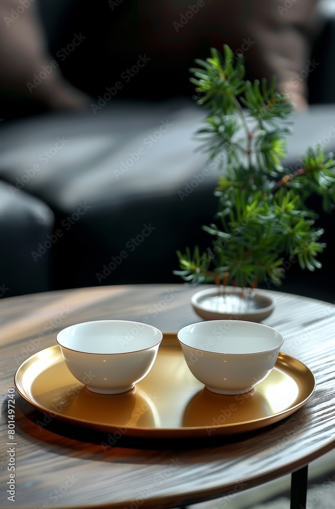  Close up of white circular two Tea cups, Sitting on a golden tray in a modern indoor setting.  The background has a black sofa, luxury style. 