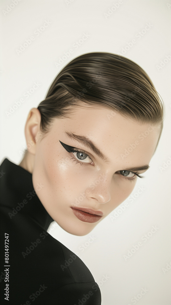 Fototapeta premium Beauty photography featuring a girl model with strong eyes and natural makeup, her hair slicked back in a sleek style against a white background. The portrait emphasizes her intense gaze 