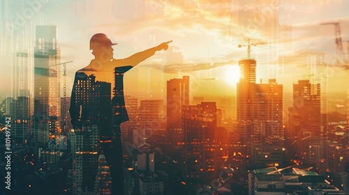 Visualize an image featuring a double exposure of a male engineer pointing at construction site buildings  seamlessly merged with a modern city skyline in the background