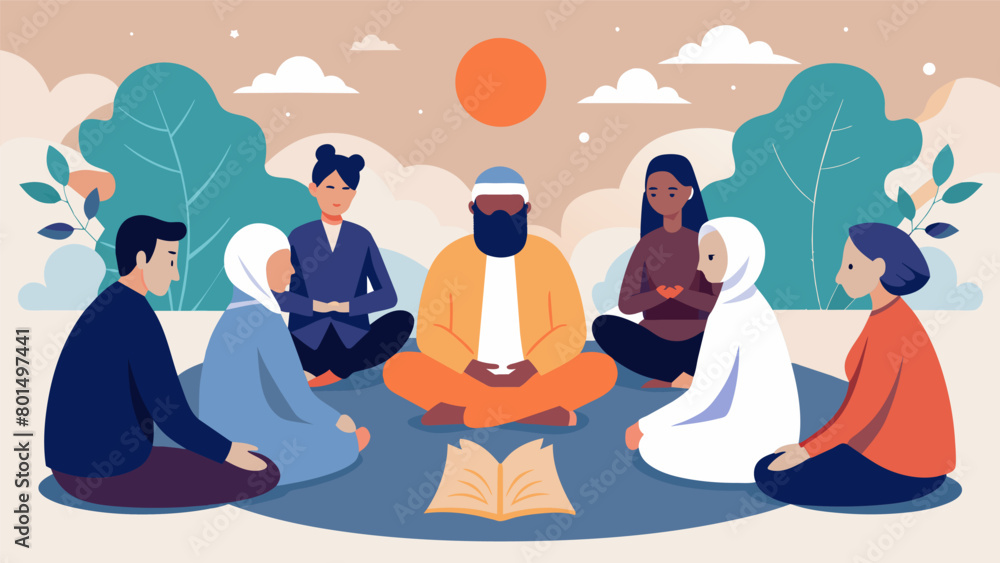 A peaceful and serene outdoor setting with people from different faiths sitting together in a circle eyes closed in deep prayer.. Vector illustration A peaceful and serene outdoor setting with people from different faiths sitting together in a circle eyes closed in deep prayer.. Vector illustration