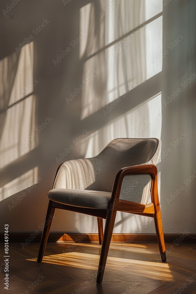 Fototapeta premium living room with modern chair with a sleek wooden frame and grey upholstery