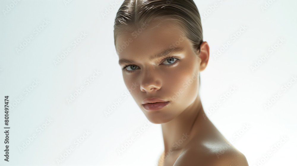 Beauty photography featuring a girl model with strong eyes and natural makeup, her hair slicked back in a sleek style against a white background. The portrait emphasizes her intense gaze Beauty photography featuring a girl model with strong eyes and natural makeup, her hair slicked back in a sleek style against a white background. The portrait emphasizes her intense gaze