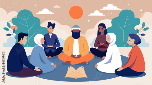 A peaceful and serene outdoor setting with people from different faiths sitting together in a circle eyes closed in deep prayer.. Vector illustration