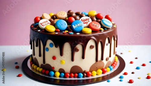 Milky Way Buttons, Maltesers, Smarties Minstrels and Chocolate Fingers decorating the top of a birthday cake.