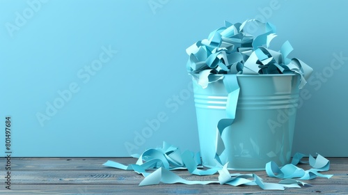   A trash can filled with blue papers rests atop a weathered wooden floor Behind it, a blue wall serves as the backdrop