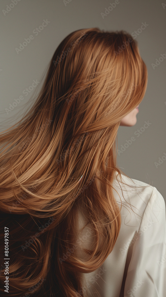 A professional photo of a Wella model showcasing her beautiful, flowing light brown hair from a back view, perfect for a hair dye package. The image captures the well-nourished, moisturized, and lush A professional photo of a Wella model showcasing her beautiful, flowing light brown hair from a back view, perfect for a hair dye package. The image captures the well-nourished, moisturized, and lush
