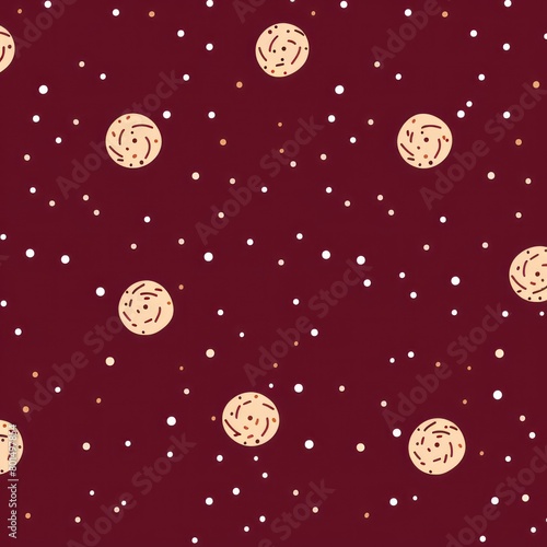 Maroon background simple minimalistic seamless pattern, multicolored playful hand drawn cute lines and stars on sugar sprinkles on a donut, confetti