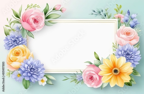 simple watercolor illustration of frame with flowers, copy space