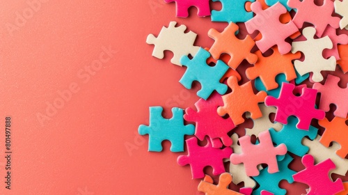   A multicolored puzzle spread on a pink-orange backdrop with text or insert space photo
