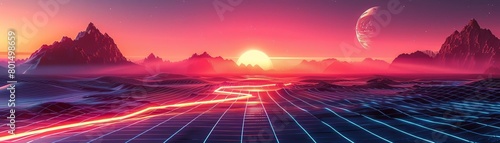 Retro 1980sstyle synthwave grid landscape, perfect for music album covers or throwback party invitations
