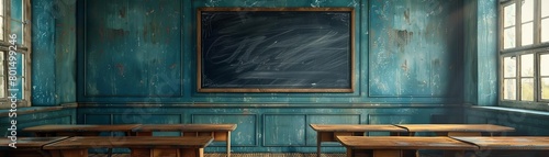Oldfashioned classroom with blackboard and wooden desks, perfect for educational themes or nostalgic projects