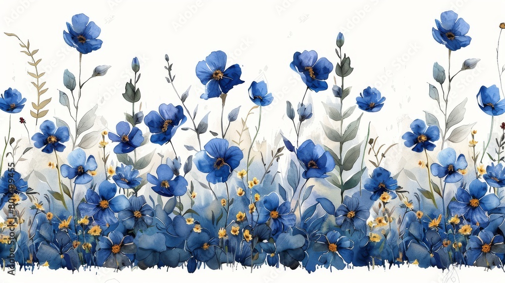 Obraz premium A modern minimalist cyan botanical wall art set with plants, algae, and flowers. Hand drawn floral blue flat modern illustration for interiors.