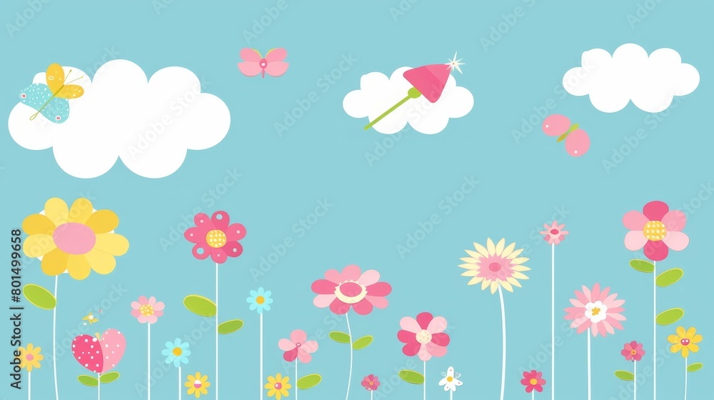 A sky filled with clouds, a kite soaring, and flowers blooming in a field - butterflies flitting among them A sky filled with clouds, a kite soaring, and flowers blooming in a field - butterflies flitting among them