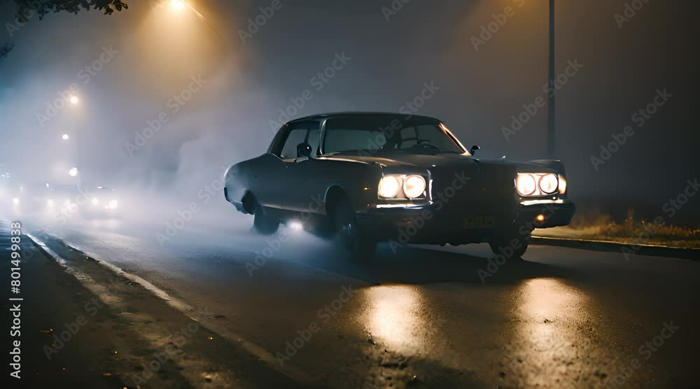 An eerie scene: a lone car parked under a flickering streetlight, engulfed in a dense fog. An eerie scene: a lone car parked under a flickering streetlight, engulfed in a dense fog.