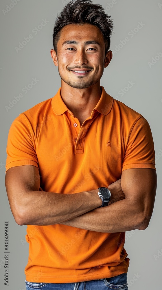 smiling young asian kazakh saler in orange polo and blue jeans on white background smiling young asian kazakh saler in orange polo and blue jeans on white background