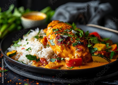  crispy chicken with basmati rice and fresh vegetables in a curry coconut cream sauce on a black plate