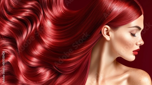  A woman with long red hair is depicted with her eyes closed to the side of her head