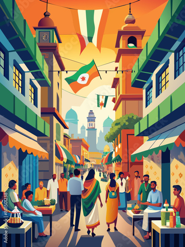 Vibrant Indian Street Market Scene with Bustling Shoppers and Festive Decorations