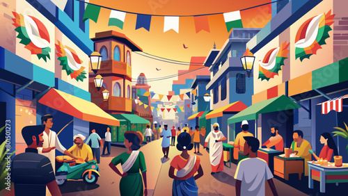 Vibrant Indian Street Market Scene with Bustling Crowd