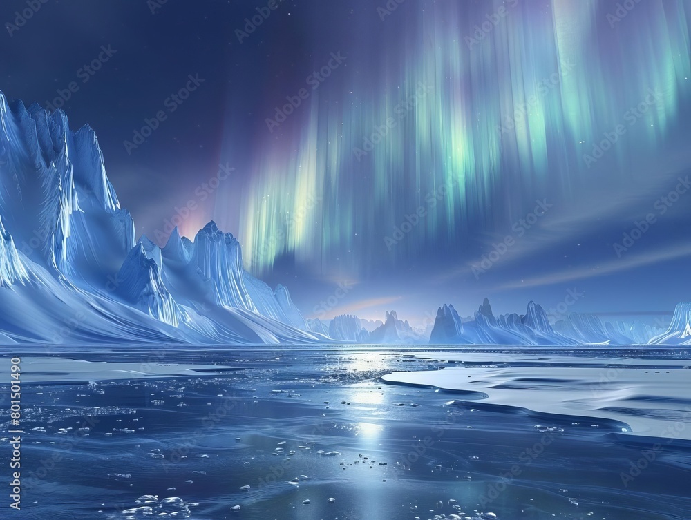 Arctic ice field under the aurora borealis, suitable for natural wonder or climate changerelated illustrations