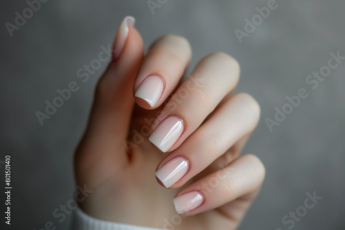 Closeup to woman hands with elegant neutral colors manicure. Beautiful natural looking gel polish manicure on square nails photo