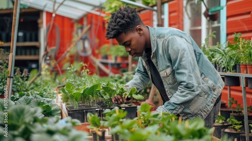 A Man Tending Greenhouse Plants © Alena