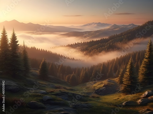 Sunrise in the mountains, trees and clouds