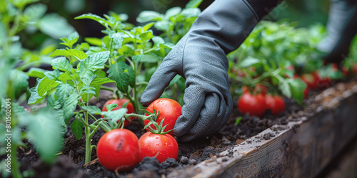 A woman farmer takes care of vegetables in the garden, harvests red ripe tomatoes, close-up.