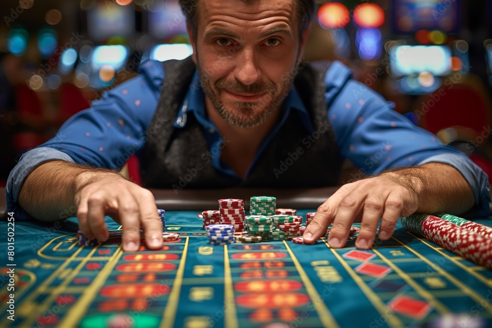 Focused gambler at roulette table in casino Focused gambler at roulette table in casino